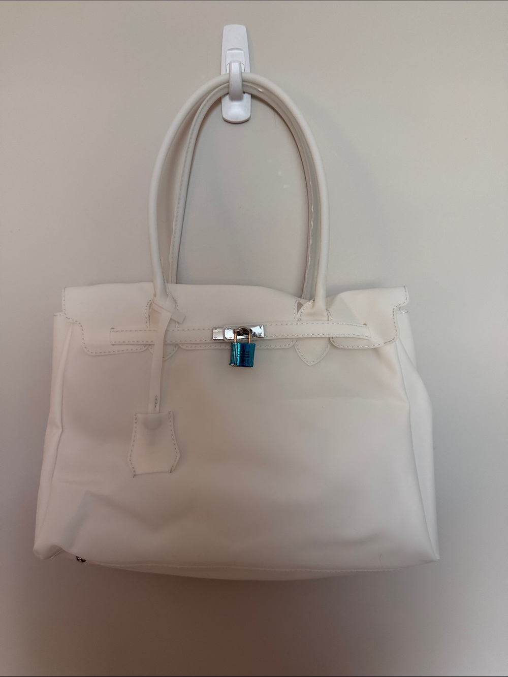 Classic White Tote Bag with Lock Accent